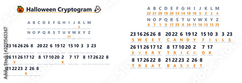 Bild auf Leinwand Halloween cryptogram puzzle with letters and numbers on white background