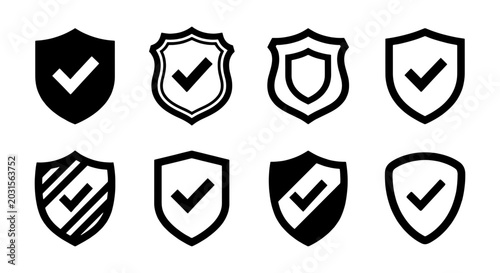 Shield Icons Set, Security Check Mark Symbols, Protection Assurance Graphics