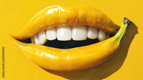 Glossy yellow lips, white teeth, banana on side, vibrant pop art beauty closeup.