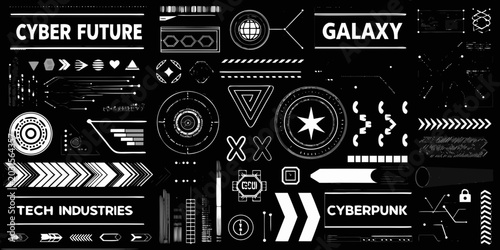 cyberpunk tech elements collection futuristic interface icons and geometric shapes in black and white