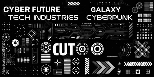 Cyberpunk graphic elements collection bold white shapes on black background