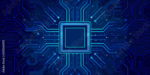 blue circuit board pattern with central square microchip digital technology background