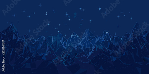 low poly mountain range illustration with stars dark blue and navy tones