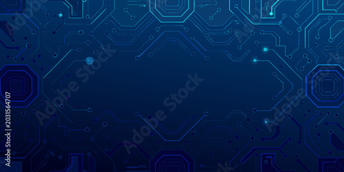 abstract circuit board pattern with hexagonal frame dark blue futuristic technology background