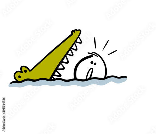 Terrible predator, huge crocodile  opened mouth with sharp teeth and wants to swallow poor man. Vector illustration of  man swimming and escaping from his pursuer. Unexpected encounter with monster.