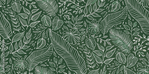 Intricate white line drawing of tropical leaves on a deep green background