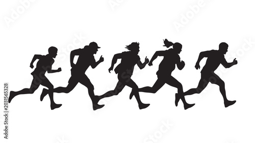  People Running Silhouette Vector | Black White Group Chase Dynamic Motion Sport Concept Illustration
