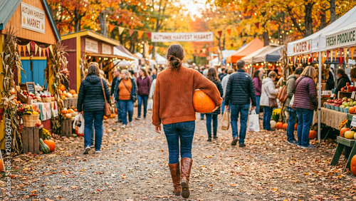 Autumn Harvest Festival with People Browsing Stalls and Enjoying Seasonal Produce