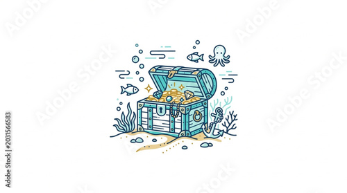 Foto Open Treasure Chest Filled With Gold Coins Underwater.