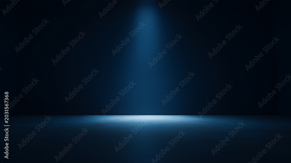Obraz premium Empty dark blue room with a narrow soft spotlight beam from above