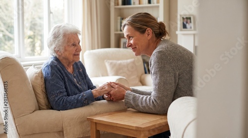 Compassionate caregiver supporting elderly woman with dementia during home care companionship visit
