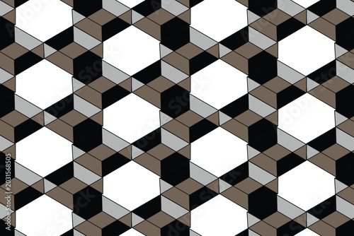 Geometric seamless pattern with 3D isometric cubes, monochrome hexagonal background vector, abstract optical illusion texture for modern design