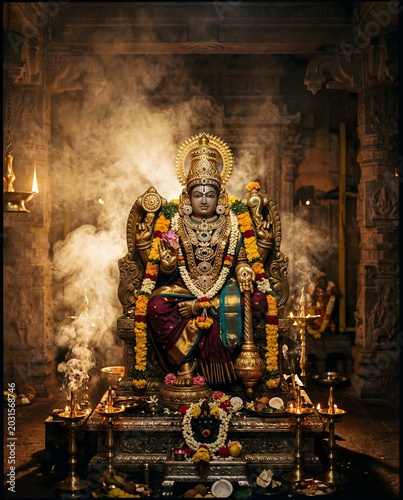 Sacred Hindu goddess statue amid incense and temple offerings