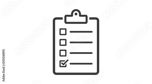 Black outline icon depicting a clipboard with a checklist, showing one item successfully completed.
