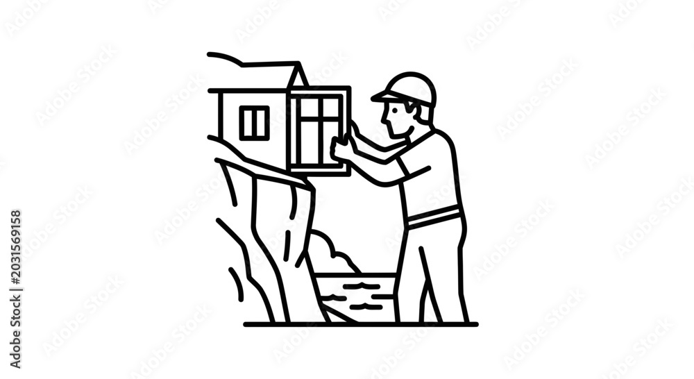 Naklejka premium Construction worker installing window on cliffside house, remote building project