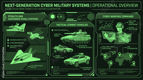 Konstfotografi Next Generation Cyber Military Systems Infographic Vector Illustration with Cybe