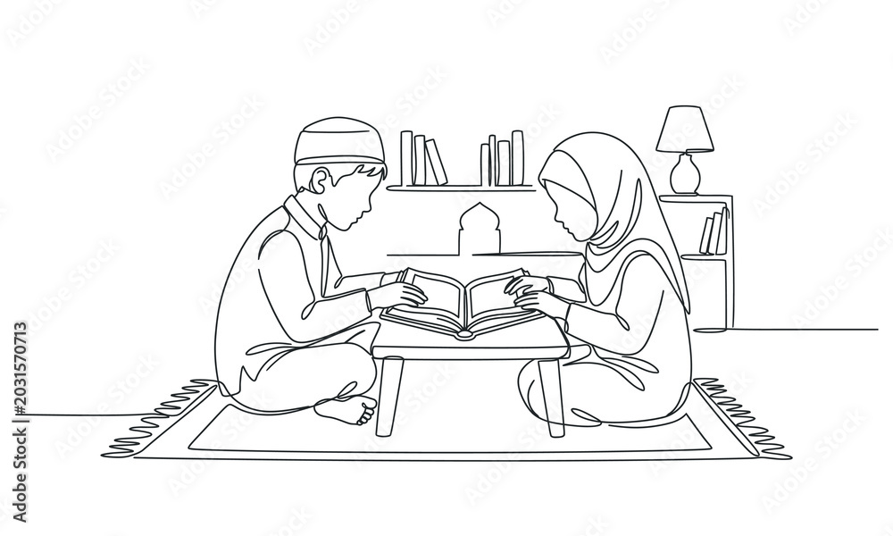 Fototapeta premium Children studying together with an open book on a small table isolated on transparent background, Vector Eid al-Adha silhouette one line art design