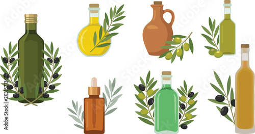 Olive Oil Bottle and Black Olive Fruit Vector Set with Glass Jug Dispenser and Branch Flat Illustration Collection