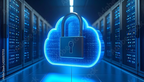 Blue-lit cloud with glowing padlock stands center. Rows of server racks hum with digital activity