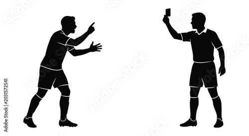 soccer players silhouette with referee showing yellow card