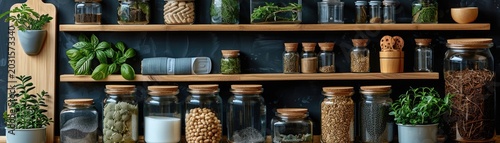 Plants and herbs in jars on wooden shelves.