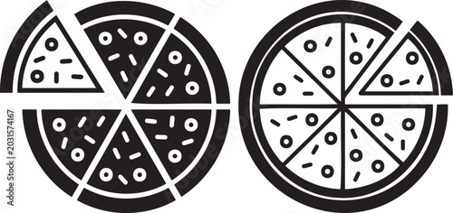 Pizza slices icon black and white set on white background.