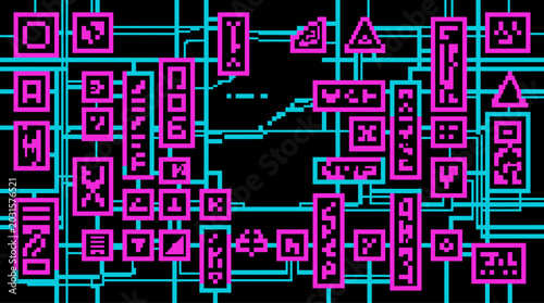 Cyberpunk pixel art digital network background with glowing neon circuitry