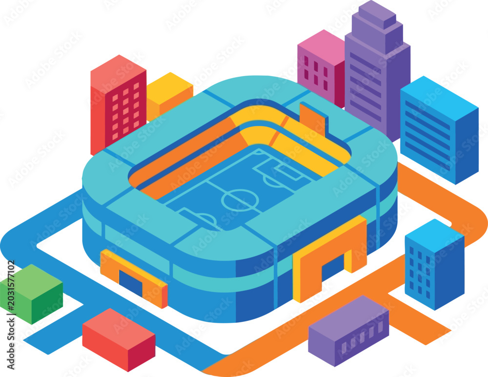 Naklejka premium Isometric illustration of a colorful stadium surrounded by city buildings and roads