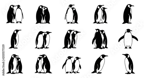 Set of 15 black and white silhouette penguins in various poses standing and interacting isolated on white background emphasizing minimalistic and graphic style suitable
