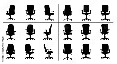 Foto Collection of black silhouette office chairs with adjustable armrests and ergono
