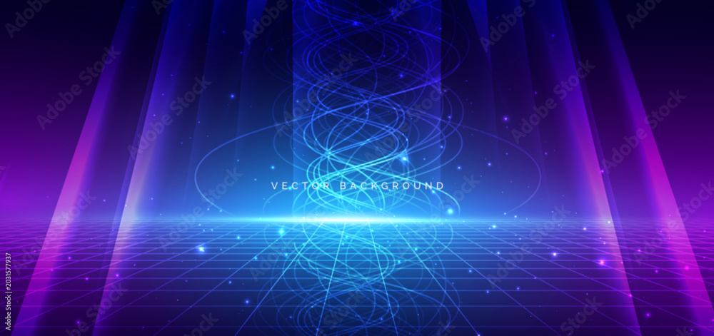 Obraz premium Futuristic Neon Light Stage Background with Digital Grid and Energy Waves.