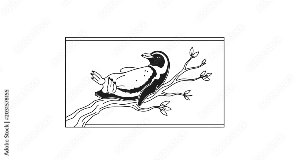 Fototapeta premium Funny Penguin Relaxing on Tree Branch, Whimsical Wildlife Illustration
