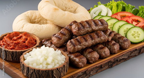 Delicious Grilled Cevapi Platter with Fresh Vegetables and Bread.