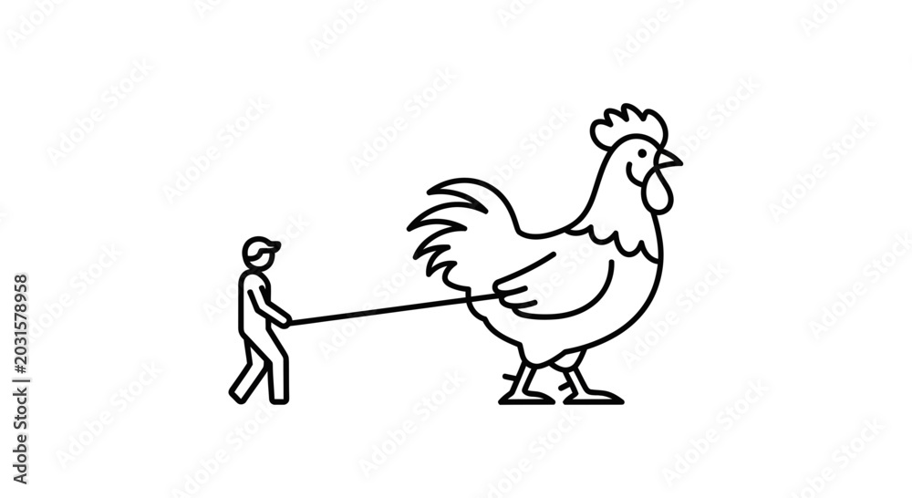 Fototapeta premium Man Walking Giant Chicken on Leash, Surreal Farm Animal Concept