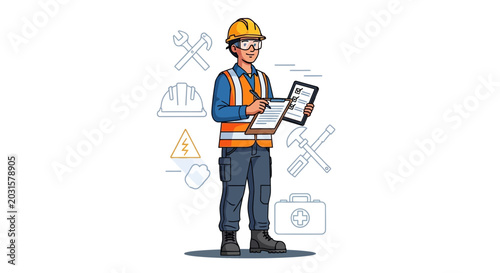 Construction worker with checklist and safety gear, industrial tools and first aid kit background