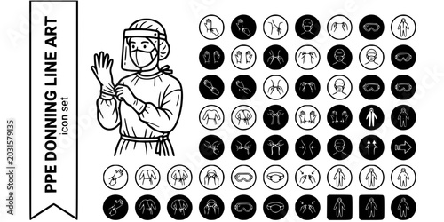 PPE Donning Line Art Black White-Glove Gown Shield Layer-Protective Equipment Vector-PPE Icon Line-Hospital Quality Design Set