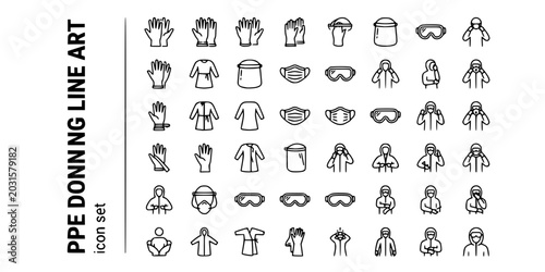 PPE Donning Line Art Black White-Glove Gown Shield Layer-Protective Equipment Vector-PPE Icon Line-Hospital Quality Design Set