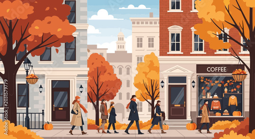 Quadro em tela Autumn street scene with people walking past shops and colorful trees in fall season