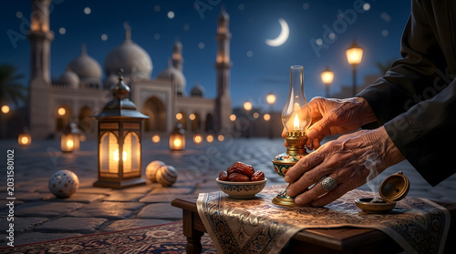 Traditional Arabic Lantern Lighting During Night with Mosque and Dates