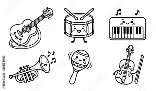 Cute Musical Instrument Doodle Collection with Piano Drum Guitar and Violin