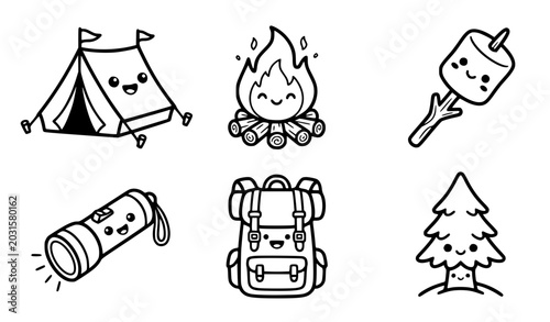 Camping Adventure Doodle Icons with Tent Campfire Backpack and Nature Elements