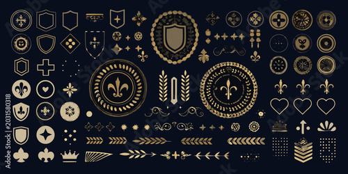 Konstfotografi Collection of ornate gold emblems crowns shields and laurel wreaths on a dark ba
