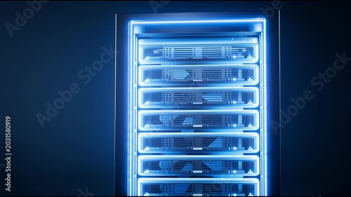 A small, glowing blue data server rack against a background; cloud computing concept; clear product image.