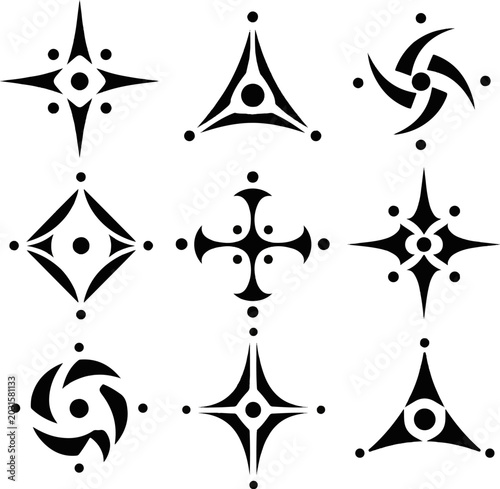 set of abstract geometric star shapes and tribal cross symbols logo design elements