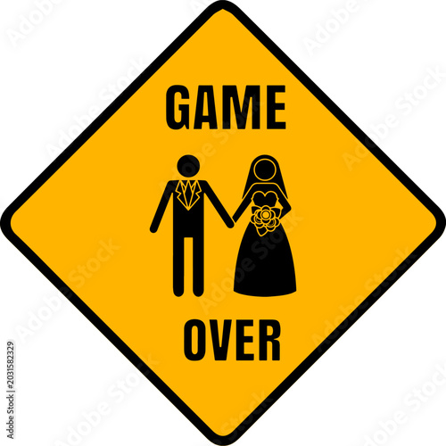 Foto Funny game over wedding road sign with bride and groom icons isolated on white b