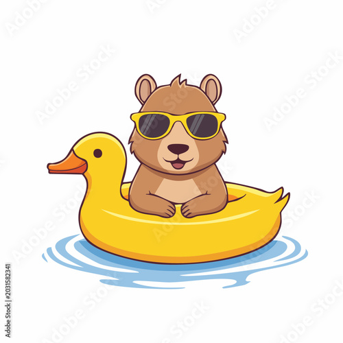 Cute cartoon bear wearing sunglasses on a yellow duck float