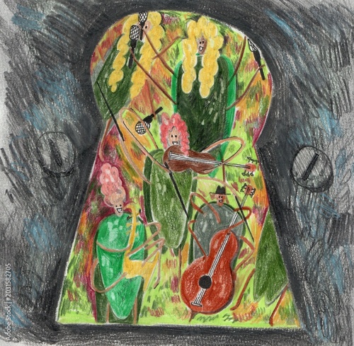Fotografi A graphic illustration of singing and violin-playing crickets and beetles visible through a keyhole