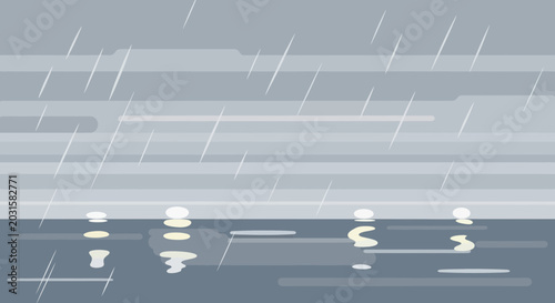 Cuadro en lienzo Flat Design Rain Falling on Water Surface with Reflections, Overcast Sky