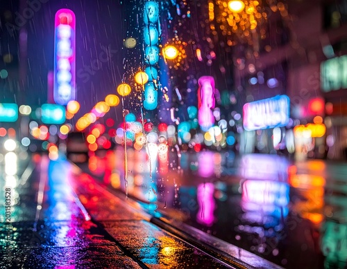 Vibrant Cityscape Reflections on a Rainy Night.
