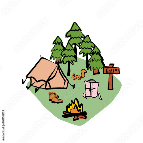 Cute Hand Drawn Camping Scene Illustration